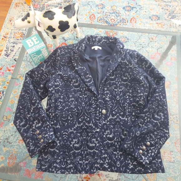 12 Cabi Wool Blend Blue Scroll Style Lined Jacket Blazer - Picture 3 of 10